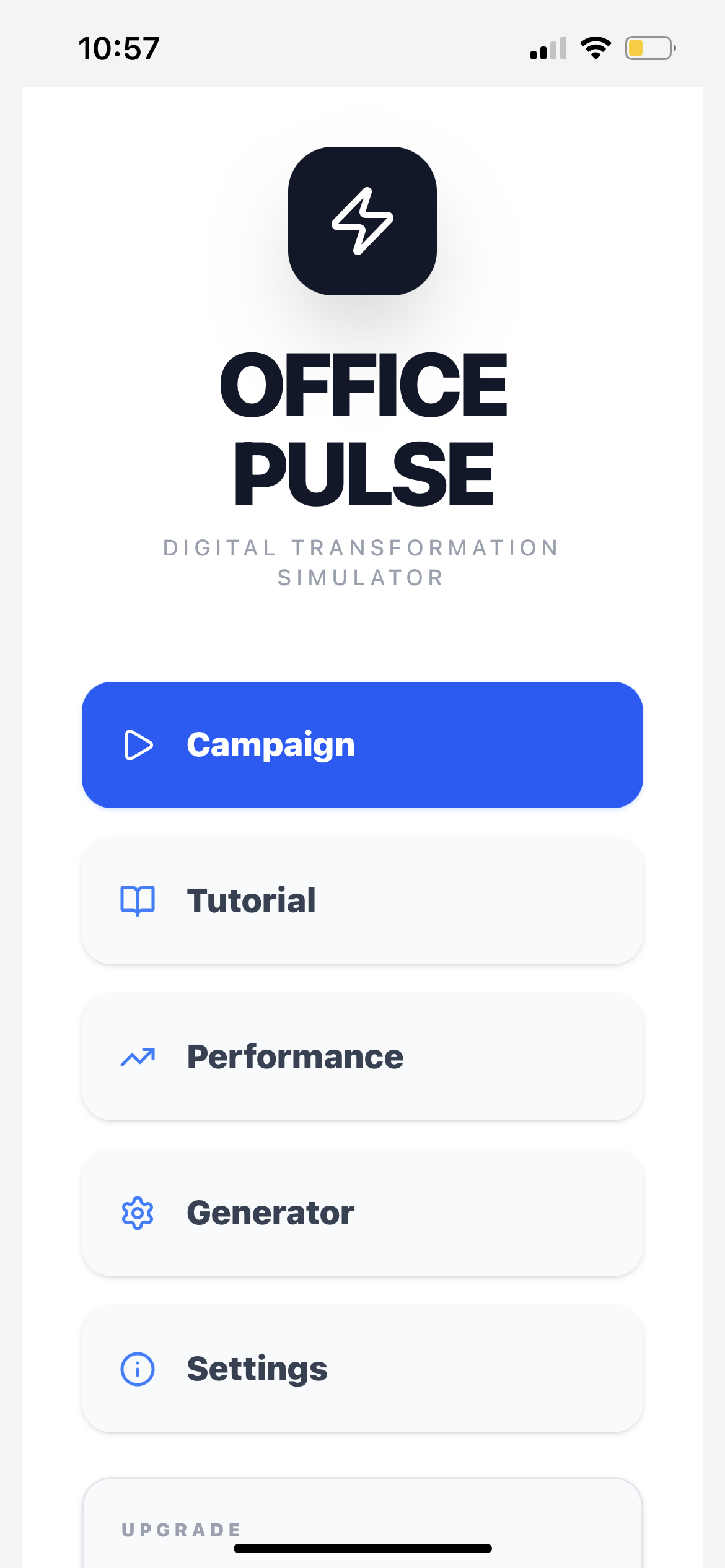 The main menu shows Campaign, Tutorial, Performance, Generator, and Settings in one clean flow.